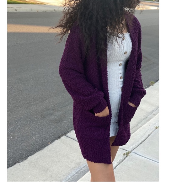 Plum popcorn puff sleeve cardigan - Picture 5 of 6